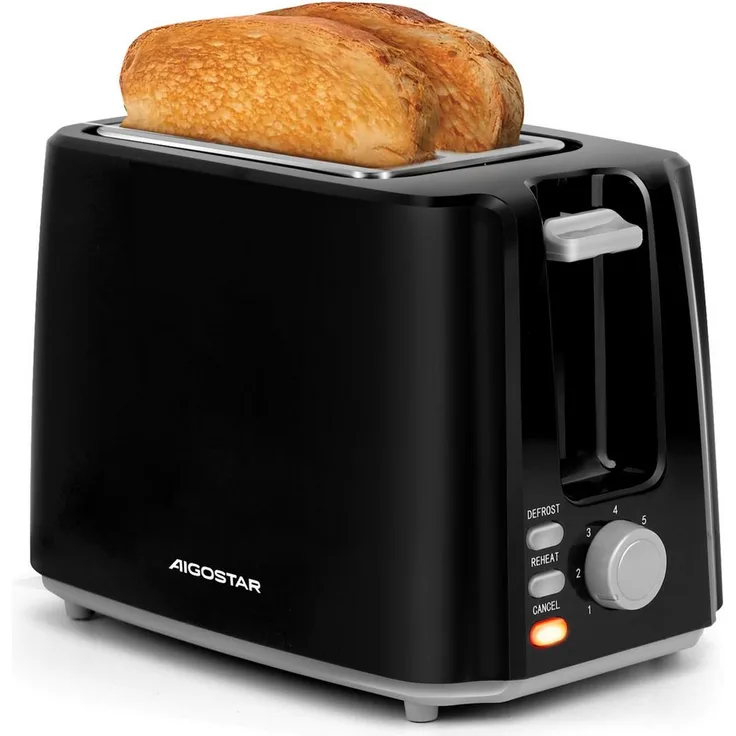 Aigostar Warrior 30JRL Toaster, 7 Einstellbare Bräunungsstufen, Auftau-&Aufwärmfunktion, 2 lange Schlitze, 750,00 W, automatic pop-up, Krümelschublade - Mattschwarz