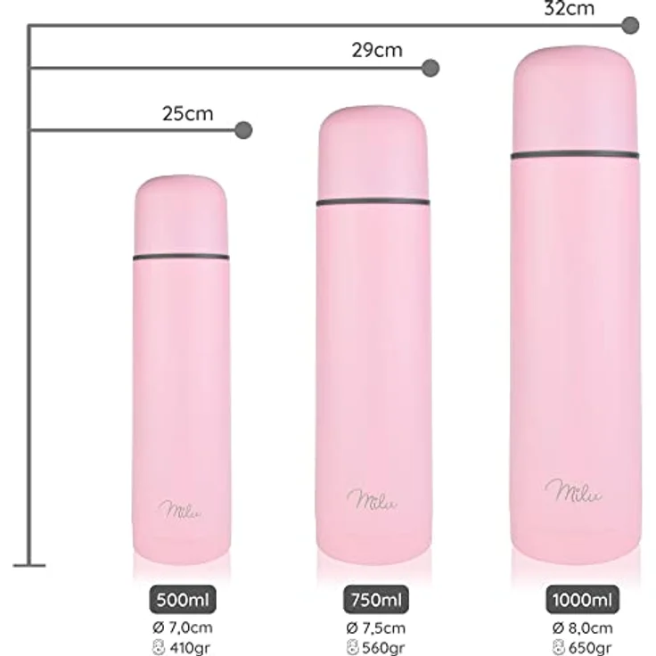 Milu Thermosflasche Thermoskanne Isolierflasche 1L, 750ml, 500ml - Isolierte Edelstahl Trinkflasche, 100% Auslaufsicher, Doppelwandisolierung (Rosa, 500ml) – Bild 4