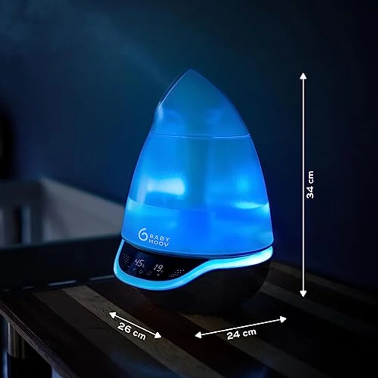 Babymoov Hygro Plus, digitaler Luftbefeuchter mit Nachtlicht (7 Farben), automatische Feuchtigkeitsregelung, Vernebler für ätherische Öle – Bild 6