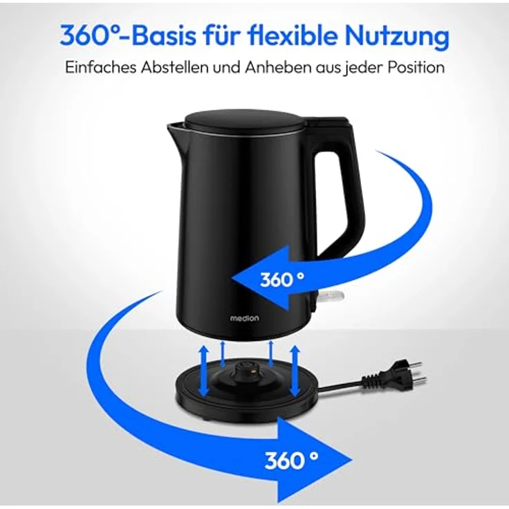 MEDION Wasserkocher MD12105, Edelstahl 1,5 Liter, 2.200 Watt, 360° Basis, Warmhaltefunktion, LED Betriebsanzeige, schwarz – Bild 5