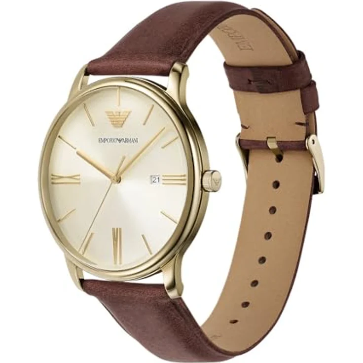 Emporio Armani AR11610, Herrenuhr aus Edelstahl mit goldenem Gehäuse, braunem Lederarmband und cremefarbenem Ziffernblatt, Quarzwerk, 42 mm Durchmesser – Bild 3