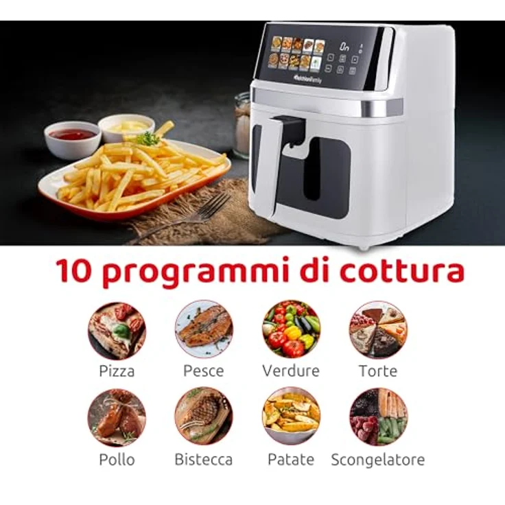 Melchioni Heißluftfritteuse Gaia Plus, 8 Liter, 2200 W, Doppelheizung für gleichmäßige Hitzeverteilung, LED-Steuerung mit 10 Programmen – Bild 3