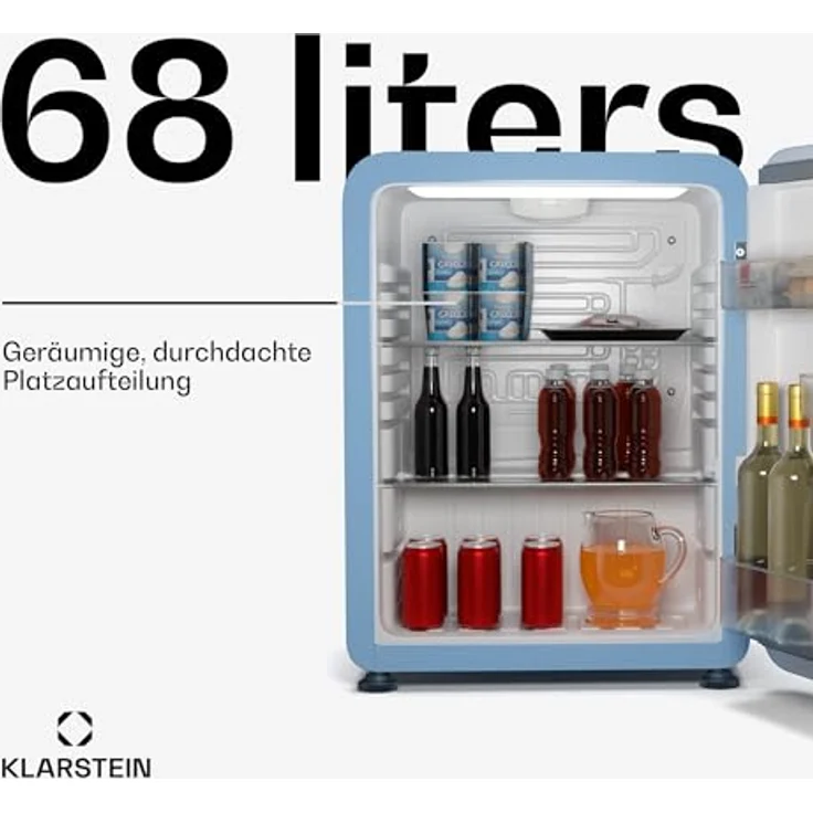 Klarstein Audrey Evo 68L Retro Mini Kühlschrank, 40 dB leise, kompakt mit verstellbaren Füßen und Wendetür, blau, ideal für Schlafzimmer und Büros – Bild 2