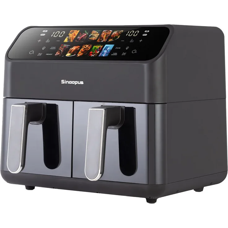 TAB Heißluftfritteuse Doppelkammer 9 L Airfryer mit Sichtfenster, Farbdisplay, 2000 W, 10 Automatikprogrammen und intuitiver Touch-Steuerung