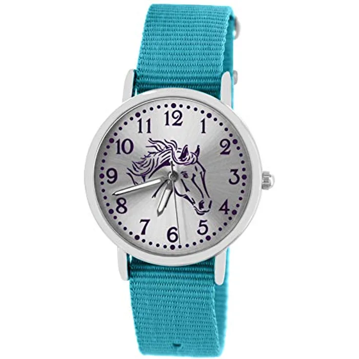 Pacific Time Mädchen Uhr Pferde, analoge Quarz-Armbanduhr mit leuchtenden Zeigern, hellblau, Textil Wechselarmband 10308