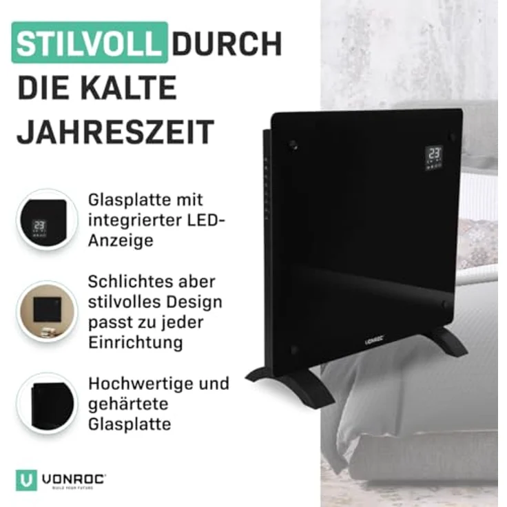 VONROC Elektroheizung, Konvektor-Heizung - Energiesparende elektrische Heizung bis 12m2 - Wand-/Bodenmontage - 2 Stufen 500W & 1000W, Manuelle/App Steuerung - Schwarz – Bild 2