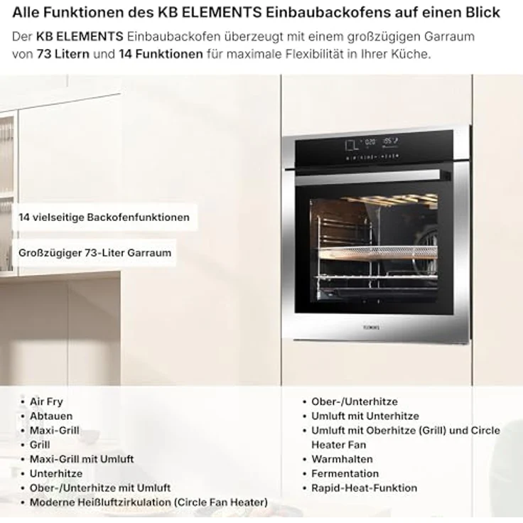 KB ELEMENTS Einbaubackofen 75DV3, 60 cm, 73 Liter, 15 Funktionen, Airfryer Funktion, AQUA CLEAN, Edelstahlrahmen, Touch Display – Bild 2