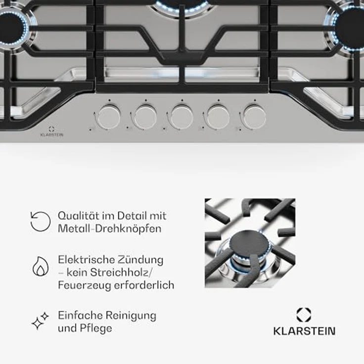 Klarstein Turbocast Gaskochfeld 5-Brenner Edelstahl 304, 3,4 kW Wokbrenner, Gusseiserne Pfannenhalter, Elektrische Zündung, Sicherheitsabschaltung, LPG-Umrüstsatz – Bild 5