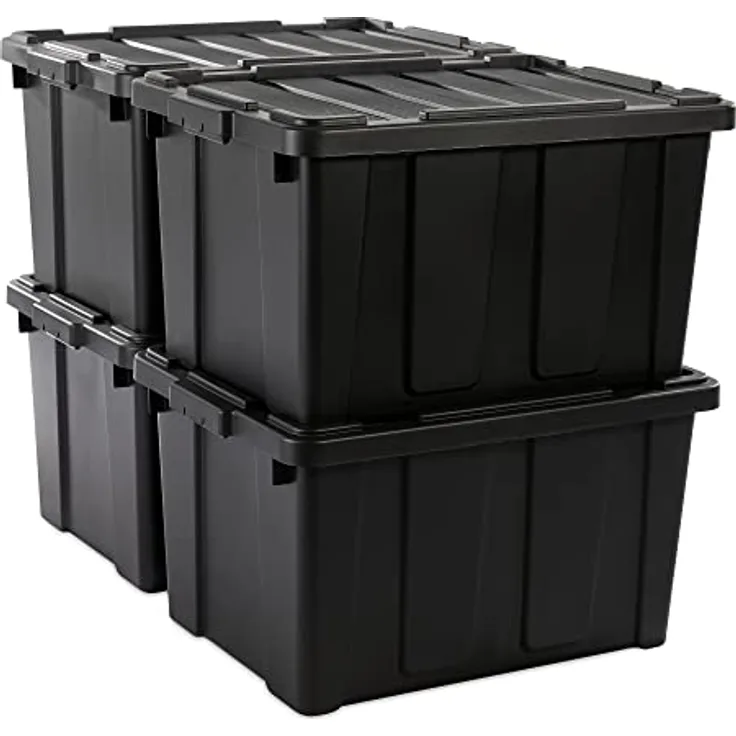 Iris Ohyama, Kunststoff-Aufbewahrungsbox, 68 l Garagen-Aufbewahrungsbox, 4er-Set, BPA-frei, DDSKT-700, Schwarz, stapelbar, Verschlussklammern ? B62 x T44 x H35 cm