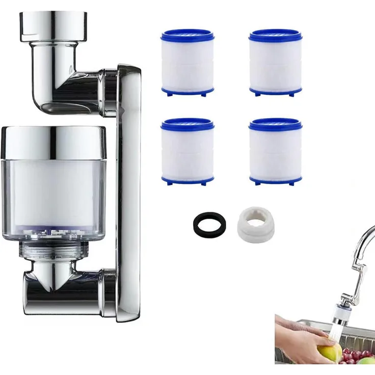 Wasserfilter für Wasserhahn, drehbar 1080° mit 2 Sprühmodi, 4 Filterelementen und M20/M22/FM24 Adapter