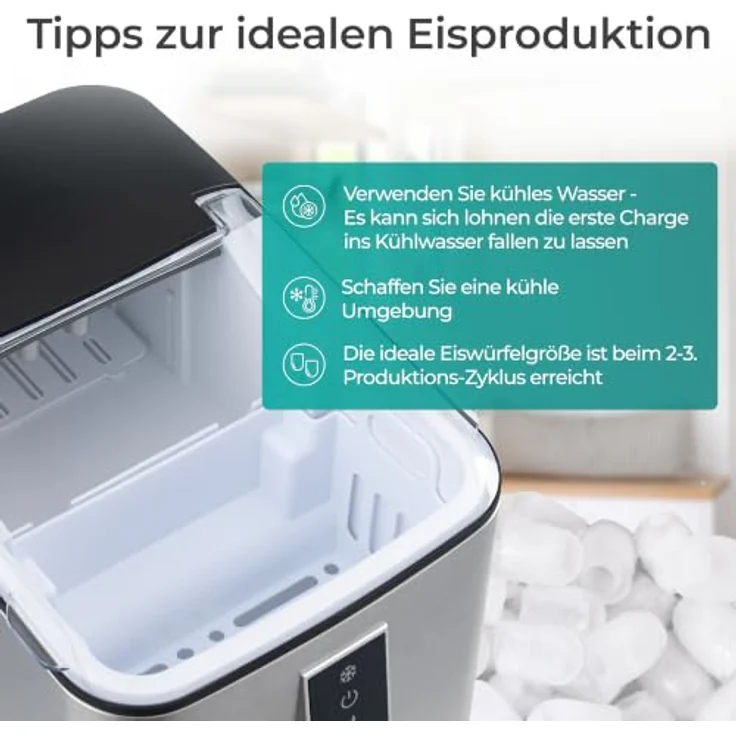 KLAMER Edelstahl Eiswürfelmaschine, 12 kg/24h, 8 Würfel in 8 Min, 1L Wassertank, geräuscharmer Kompressor, Touch Display – Bild 8