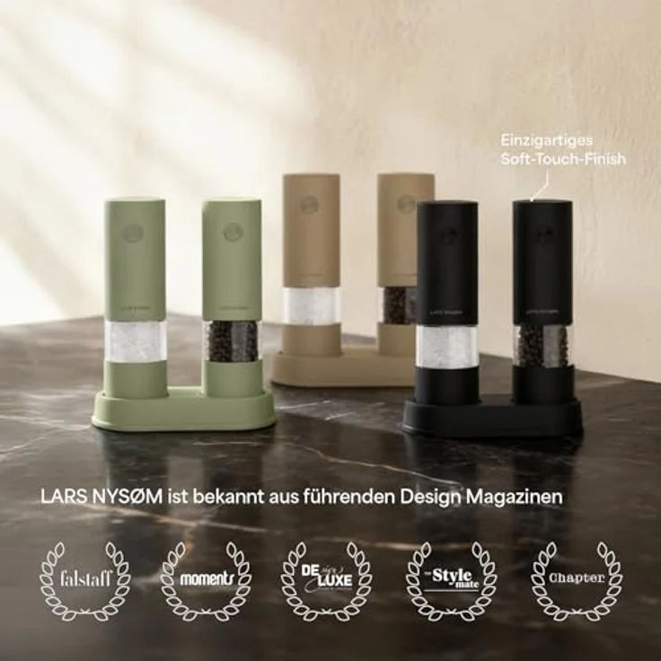 LARS NYSØM Gewürzmühle Kryd, elektrisches Set mit stufenlosem Keramikmahlwerk und Untersetzer, 2 Stück – Bild 5