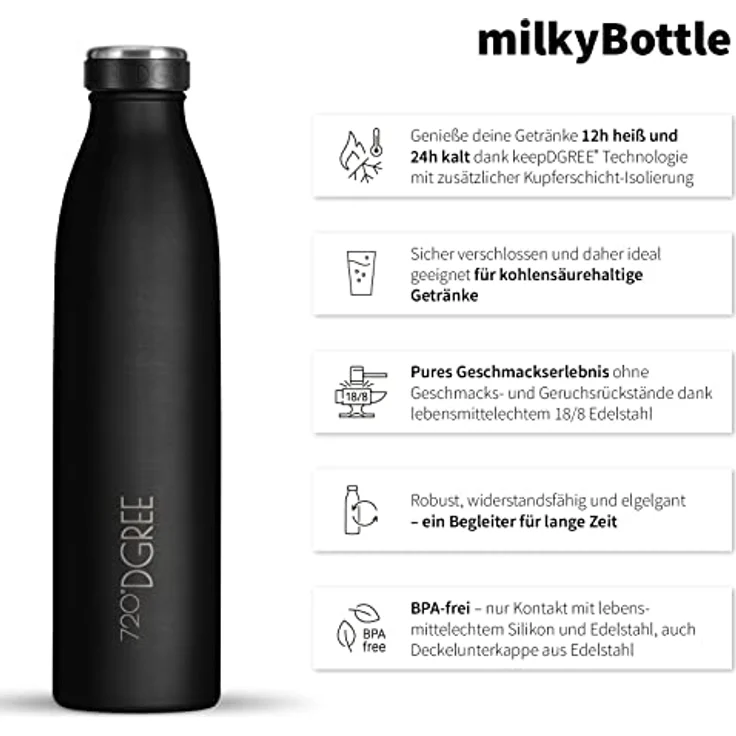 Trinkflasche Doppelwandig Edelstahl 500ml Isolierflasche 720°DGREE milkyBottle onyx black – Bild 2
