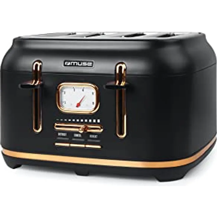Muse Edelstahl-Toaster im schwarzen Retro Design, analoge Anzeige, beleuchtete Tasten, 6 Bräungsstufen, 4 Scheiben, MS-131 BC, Vintage Look, mit Krümelschublade
