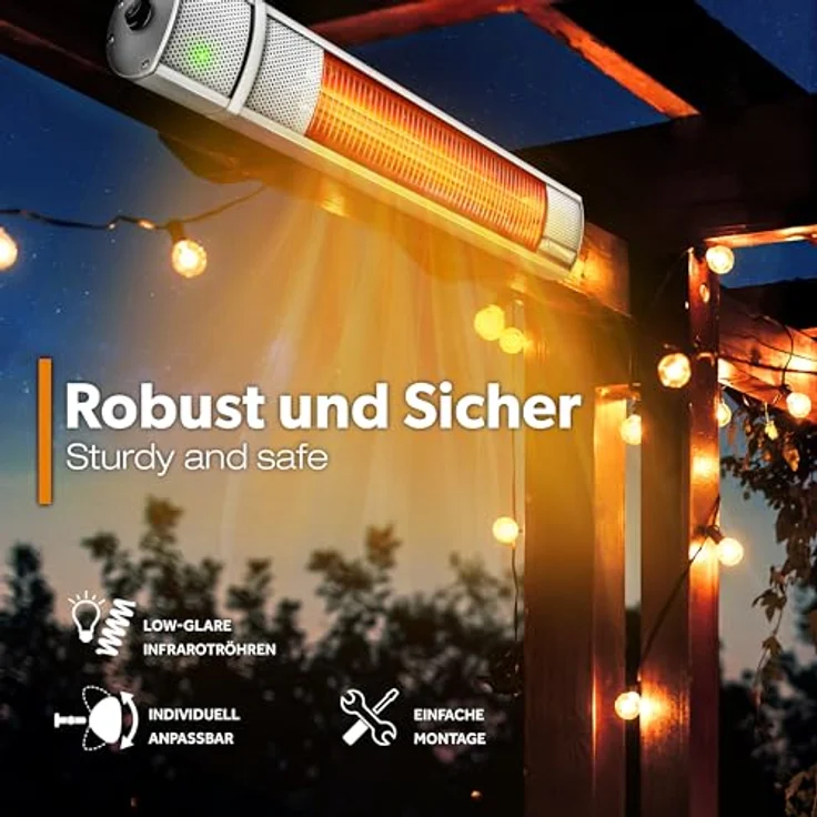 TRESKO Infrarot Heizstrahler 2000W mit Fernbedienung | Quarz-Röhre 30% sparsamer, 3 Heizstufen | Innen & Außen, Edelstahl, Aluminium | Wand-Heizstrahler Wickeltischstrahler, leise – Bild 3