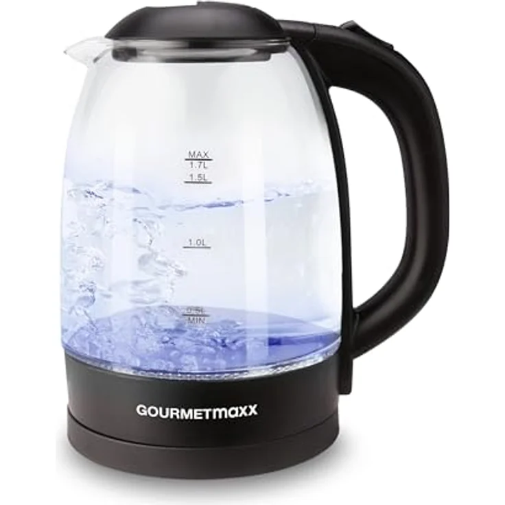 GOURMETmaxx Glas-Wasserkocher mit LED-Beleuchtung 1,7 l | Modernes Design, kabellose Flexibilität & automatische Abschaltung | Wasserstandsanzeige | Perfekt für Tee [Schwarz] – Bild 1