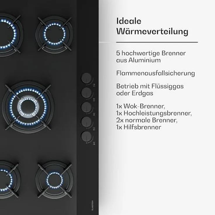 Klarstein Velaire PG9051G-ACB, Gaskochfeld mit 5 Brennern, elektrischer Zündung, Aluminium, 10400 W – Bild 5