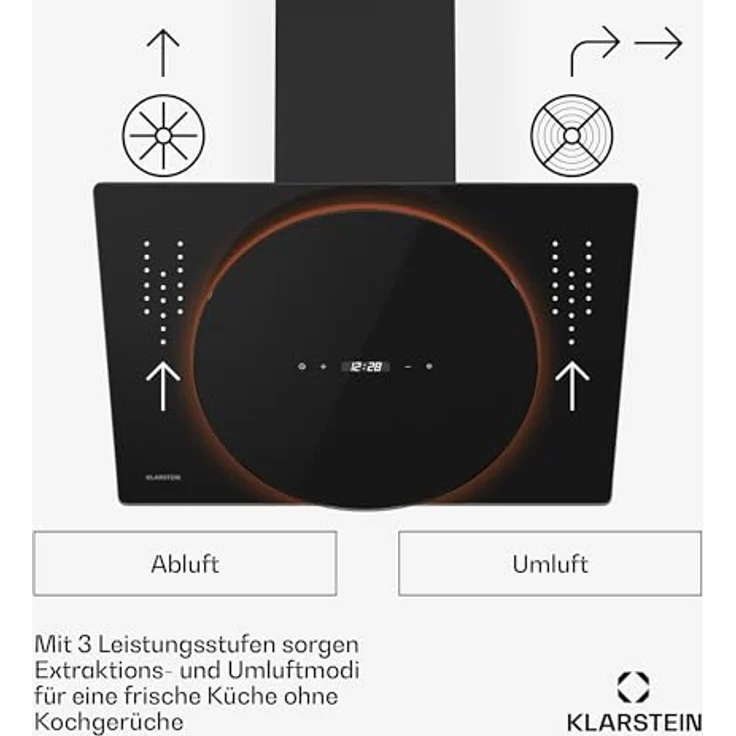 Klarstein Total Eclipse Dunstabzugshaube - 60 cm Kopffreihaube, LED-Beleuchtung 3000 K-6500 K, 600 m³/h, Touch-Steuerung, Energieeffizienz A, 61 dB, Umluft & Abluft, Schwarz – Bild 3