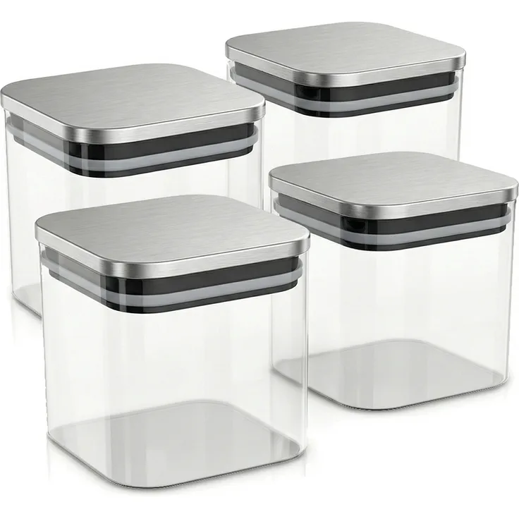 Arendo Vorratsgläser 4er Set 0,8 L Borosilikatglas mit Edelstahldeckel, luftdicht und hitzebeständig, eckig, mikrowellengeeignet