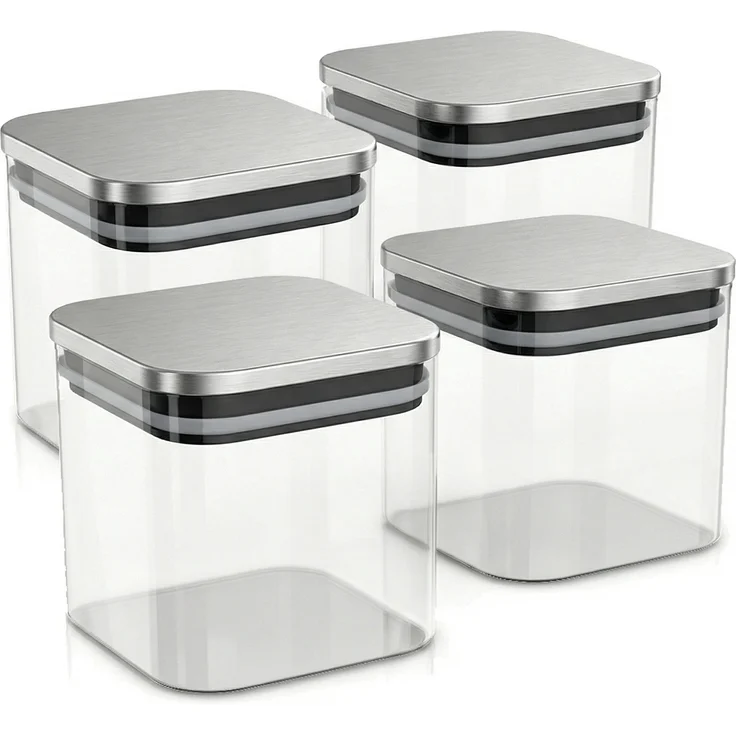 Arendo Vorratsgläser 4er Set 0,8 L Borosilikatglas mit Edelstahldeckel, luftdicht und hitzebeständig, eckig, mikrowellengeeignet