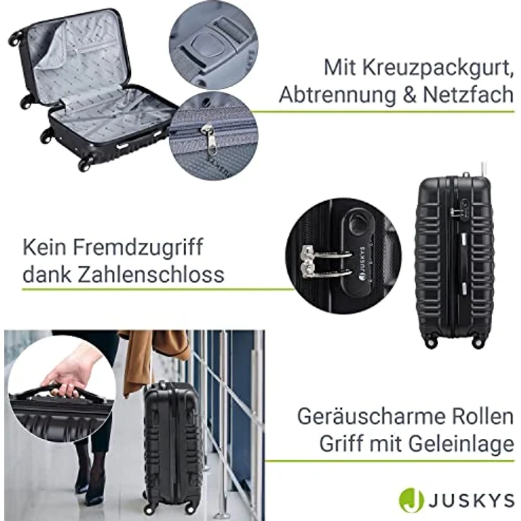 Juskys Hartschale Kofferset Reisekoffer 4 teilig - Zahlenschloss, geräuscharme 360° Rollen groß, Teleskopgriff, leicht - Koffer in Schwarz – Bild 5