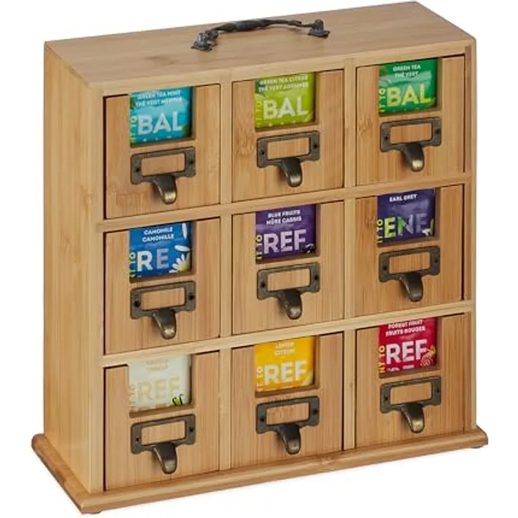 relaxdays Teebox Bambus Tee-Organizer mit 9 Fächern, Naturfarben, ideal zur übersichtlichen Teebeutelaufbewahrung