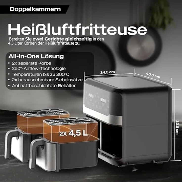 Heinrich´s Heißluftfritteuse HFR 8214, 2400,00 W, Airfryer, Doppel-Heißluftfritteuse, 9 Automatikprogramme – Bild 2