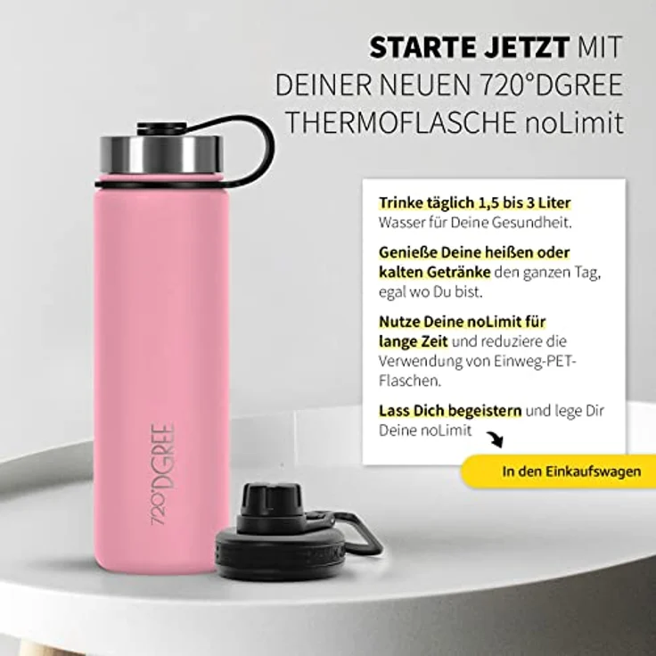 720 DGREE Trinkflasche Edelstahl 1200ml Thermo mit 2. gratis Sportdeckel noLimit flamingo pink – Bild 6
