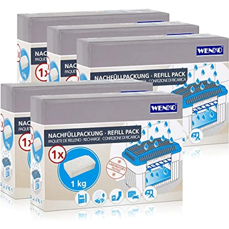 Wenko 5x Nachfüllpackung Feuchtigkeitskiller Raum-Entfeuchter, 1kg Granulat, Umweltfreundlich & laborgeprüfte Qualität