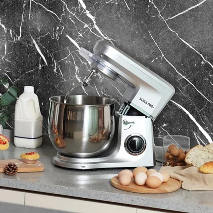 Swiss Pro+ Küchenmaschinen, rührgeräte & mixer - Teigknetmaschine mit Spritzschutz mit Einfüllöffnung - 2200W - Edelstahl - Silber - 10L – Bild 3