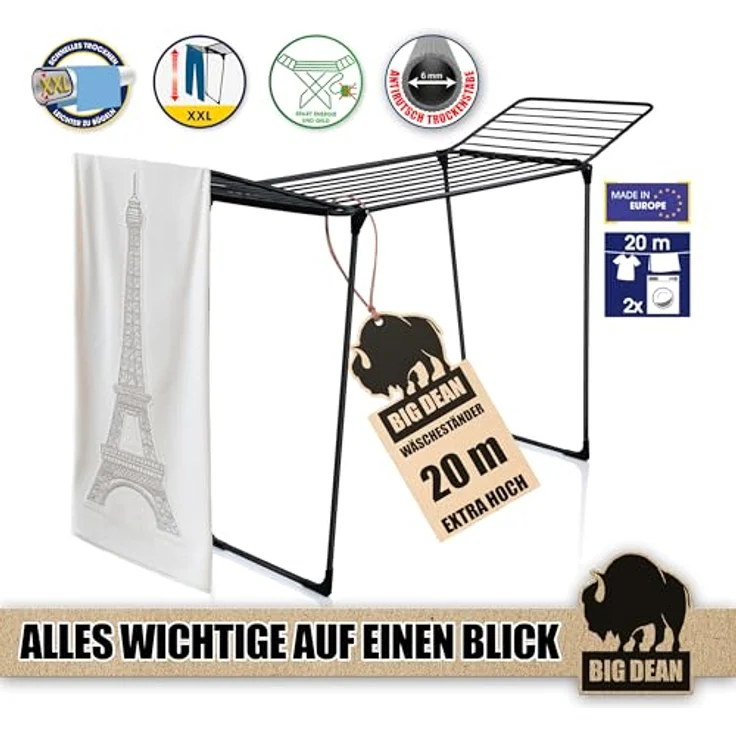 BigDean Wäscheständer NEUHEIT, 20m Wäschetrockner mit extra dicken "Grip" Wäscheleinen und extra Höhe, Made in Europe – Bild 4