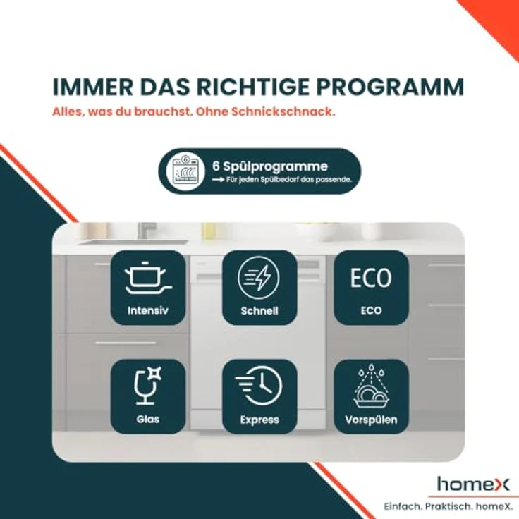 homeX DWFS601449E-S Geschirrspüler, freistehend, 60 cm, 14 Maßgedecke, 6 Programme, AquaStop, Unterbaufähig, 49 dB – Bild 7