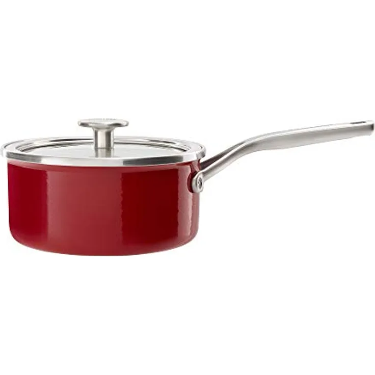 KitchenAid Steel Core Enamel Stielkasserolle mit Deckel (18cm/2l), deutsche Emaille, Induktionsgeeignet, backofenfest, spülmaschinenfest, Empire Rot