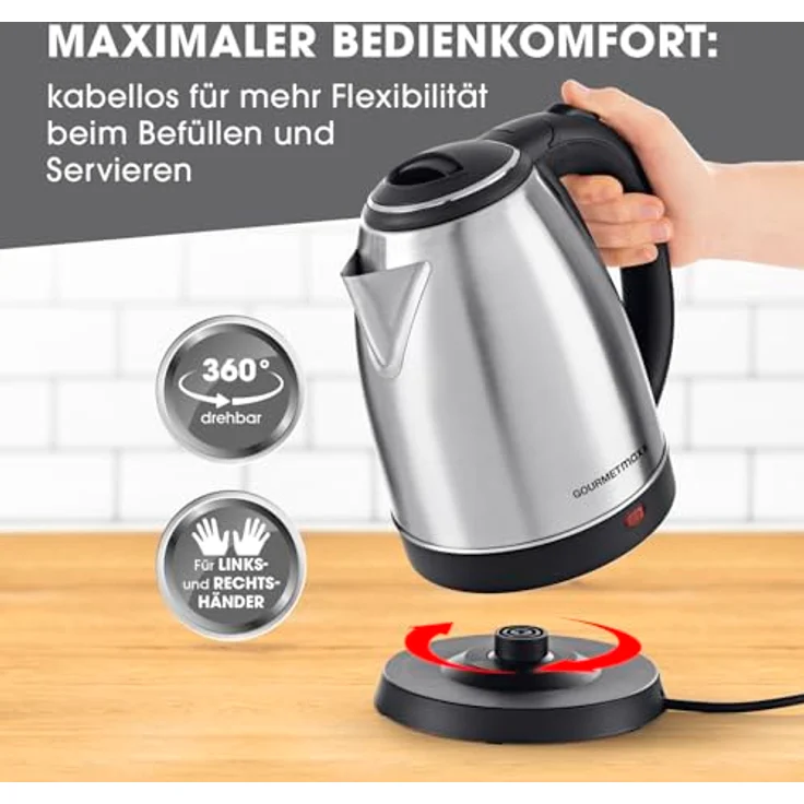 GOURMETmaxx Edelstahl-Wasserkocher 1,8 L | Leistungsstarker Boiler mit Abschaltfunktion und 360° Basisstation | Kabelloser Heißwasserspender inkl. praktischer Wasserstandsanzeige | 1500 W [BPA-frei] - Mattes Edelstahl-Design – Bild 4