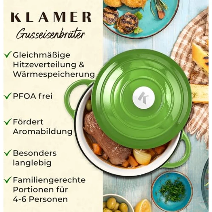 KLAMER Gusseisen Bräter 5 L, 25 cm Emaille Schmortopf mit Deckel, backofengeeignet bis 250 °C, ideal zum Braten, Schmoren und Brot backen, mit digitalem Rezeptbuch – Bild 4