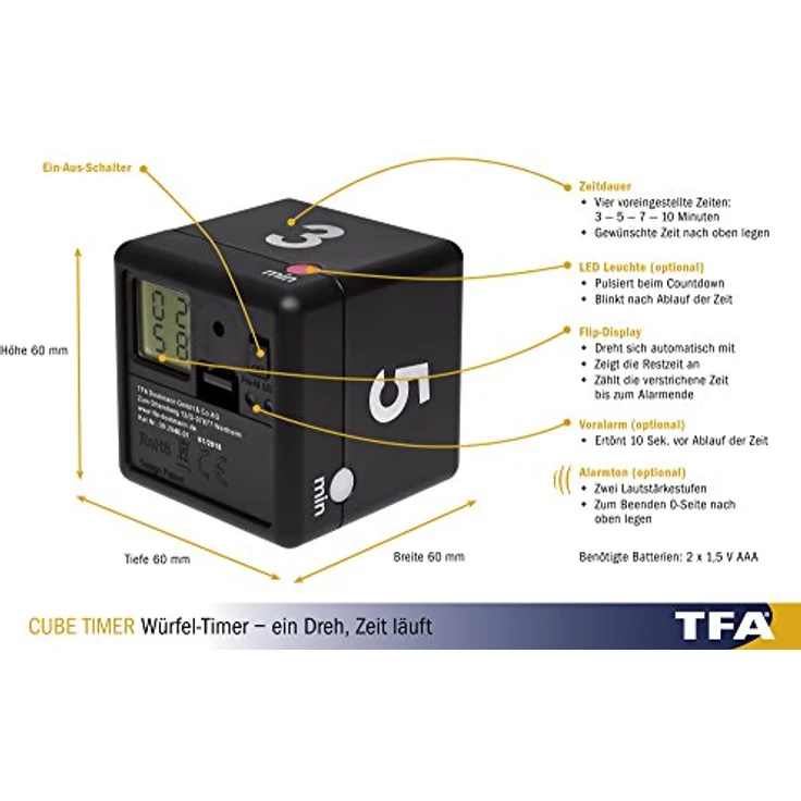 TFA Dostmann Digitaler Cube Timer, Zeitwürfel, Zeitmanagement, schwarz, L 60 x B 60 x H 60 mm – Bild 4