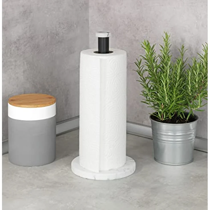 WENKO Küchenrollenhalter Marmor, stehender Halter für Küchenrollen in eleganter Marmor-Optik für die Küche, mit Boden aus Kunststoff und schwarzer Stange aus Metall, (B/T x H): Ø 15 x 32 cm, Weiß – Bild 5