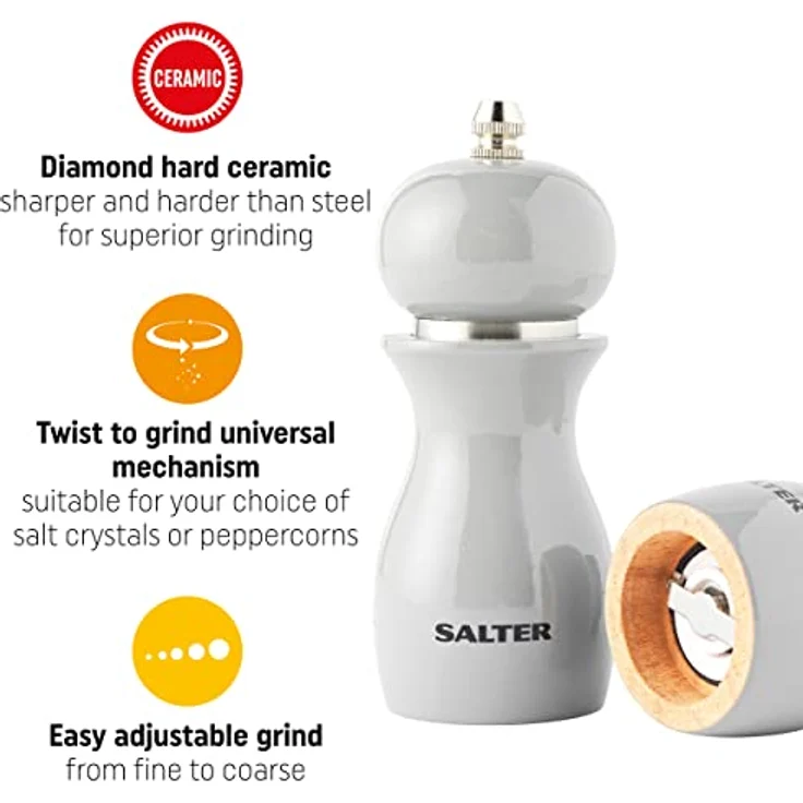 Salter 7613 GYXR Salz & Pfeffermühle Set - Küchenmühleset, Küche salzmühle, einstellbar Hartkeramik Schleifmechanismus, feines bis grobes Mahlen, Gewürzmühlen, 26g Salz/13g Pfeffer, glänzend Grau – Bild 4