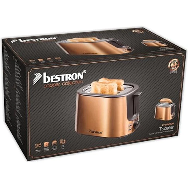 Bestron Toaster mit 2 Röstkammern, Krümelschublade und Brötchen-Röstaufsatz, 1.000 W, Edelstahl in Kupfer-Optik – Bild 6