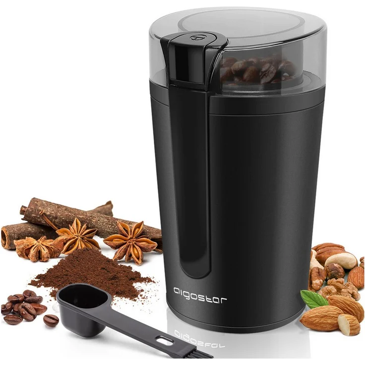 Aigostar Elektrische Kaffeemühle, Einstellbarer Mahlgrad, BPA-frei, 200 W, Edelstahl, 60 g Bohnenbehälter, mit Reinigungs-Pinsel