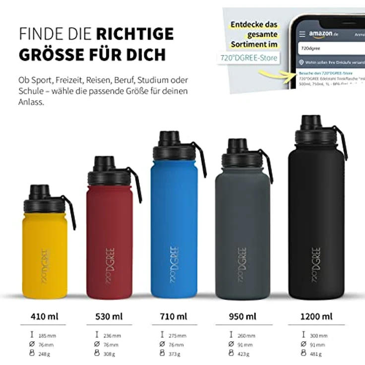 Trinkflasche Doppelwandig Edelstahl 950ml Isolierflasche m. Gratis Sportdeckel 720 DGREE noLimit ocean blue – Bild 3