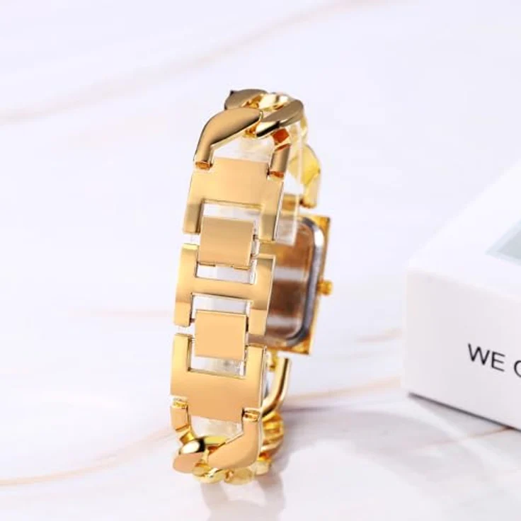 JewelryWe Damenuhr Glitzer Rechteckig, Elegante Strass Analog Quarz Armbanduhr mit Gold Panzerkette und Metallarmband, Wasserdicht 1 ATM – Bild 3