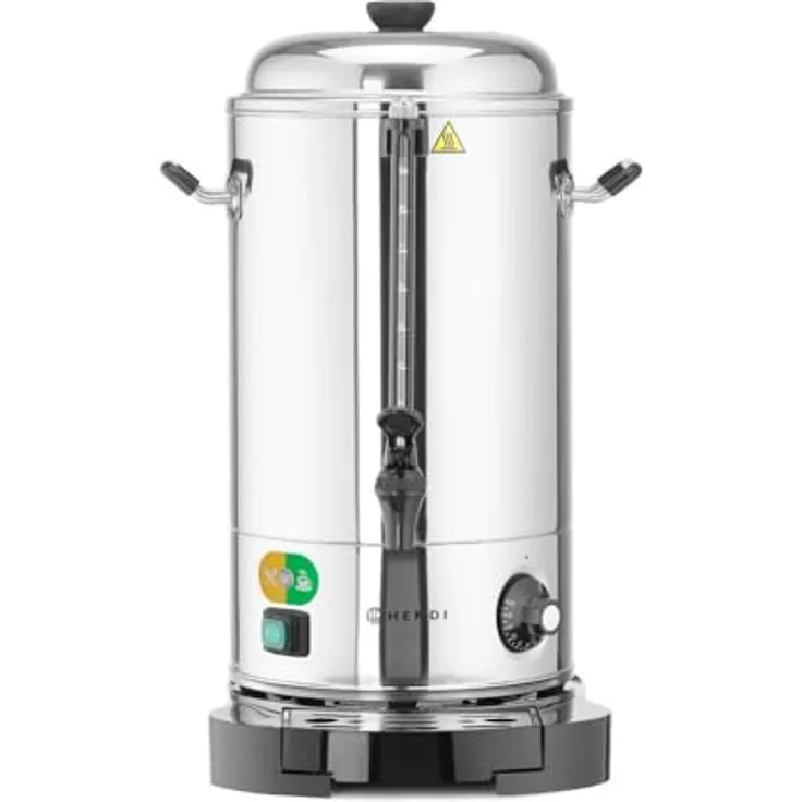 HENDI Heissgetränkespender, Doppelwandig, Energiesparend, non drip Hahn, wartungsfreies Heizelement, Temperatur regelbar bis 110°C, mit Trockenkochschutz, 9L, 230V, 2200W, 343x345x(H)517mm, Edelstahl