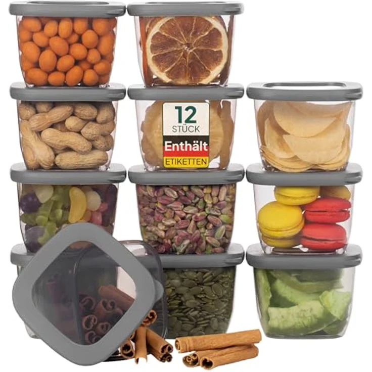 UANDU Vorratsdosen Klein mit Deckel Luftdicht Set, BPA frei, Aufbewahrungsbox, Küchenorganizer, Vorratsbehälter Mehl Aufbewahrung Küche - 12x550ml-Grau – Bild 1