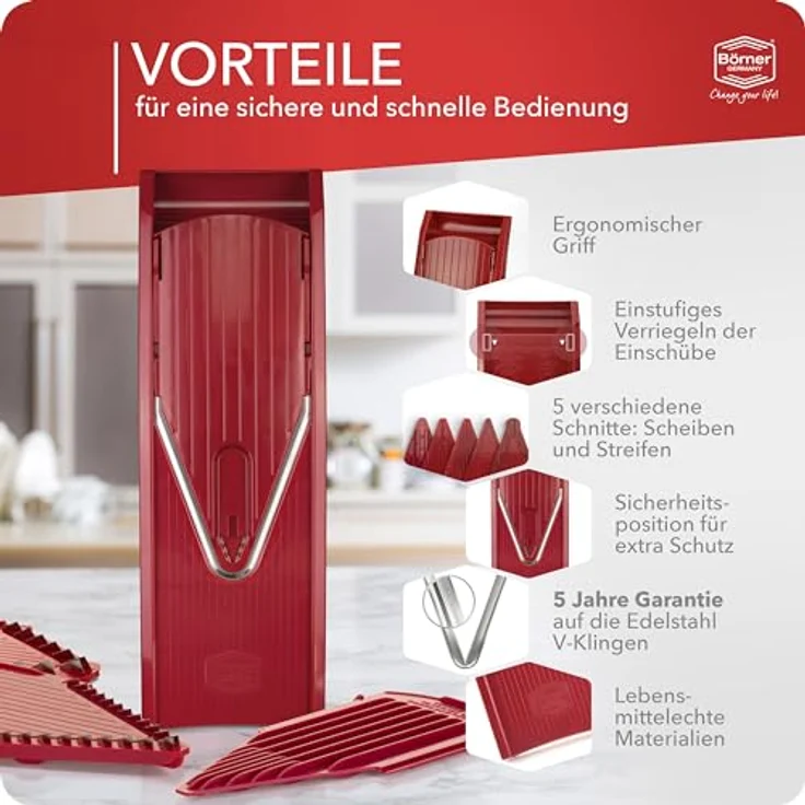 Börner Gemüsehobel V1 ClassicLine Starter Set, Kunststoff, mit 2 Messereinschüben rot – Bild 6