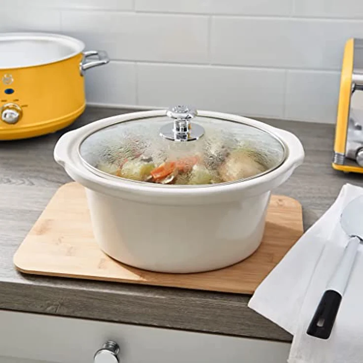 Swan Retro SF17021YELNEU Slow Cooker 3,5L Abnehmbarer Kochbehälter, PFOA- und PTFE-freier Keramischer Antihaft-Behälter, 3 Temperaturstufen, Glasdeckel, Vintage-Design, Gelb, 200W – Bild 3
