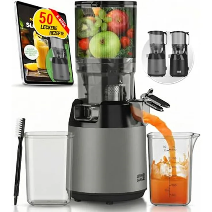 LEBENLANG Slow Juicer, elektrischer Entsafter mit 130mm Öffnung, inkl. Rezeptbuch, 100% BPA-frei, Edelstahl, hohe Saftausbeute