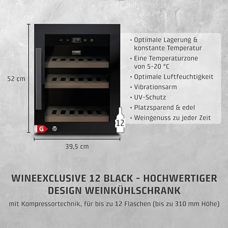 Caso WineExclusive 12, Weinkühlschrank für 12 Flaschen, 1 Zone, 5–20 °C, Kompressor, abschließbar, UV-Glasscheibe, Holzregale, Touch-Bedienung, LED-Innenbeleuchtung, leise – Bild 2