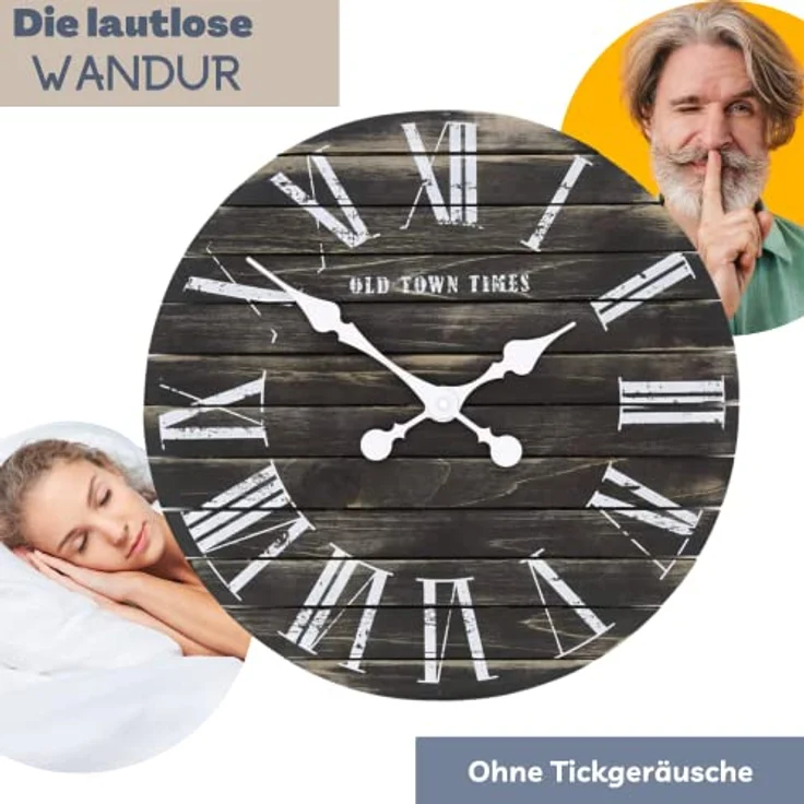 K&L Wall Art Lautlose Vintage Wanduhr Farmhouse Uhr langlebiges Uhrwerk ohne Ticken Shabby Chic Holzbretter 45cm große Wanduhren (Ø 45cm Schwarz Used Look) – Bild 3