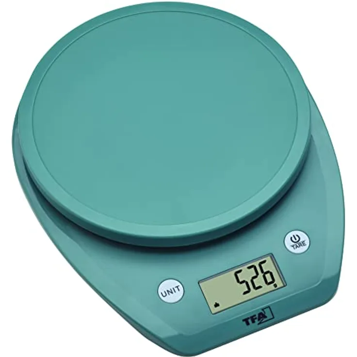 TFA Dostmann Digitale Küchenwaage MOCHI, 50.2007.20, mit LCD Anzeige, Volumenberechnung für Milch, Lebensmittelwaage, bis 5kg, leicht, mit Gummipads, grün